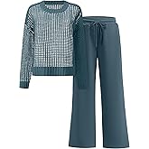 ANRABESS Womens 2 Piece Outfits Crochet Sheer Knit Sweater Top Wide Leg Pants Lounge Set Sweatsuit 2026 Spring Travel Clothes