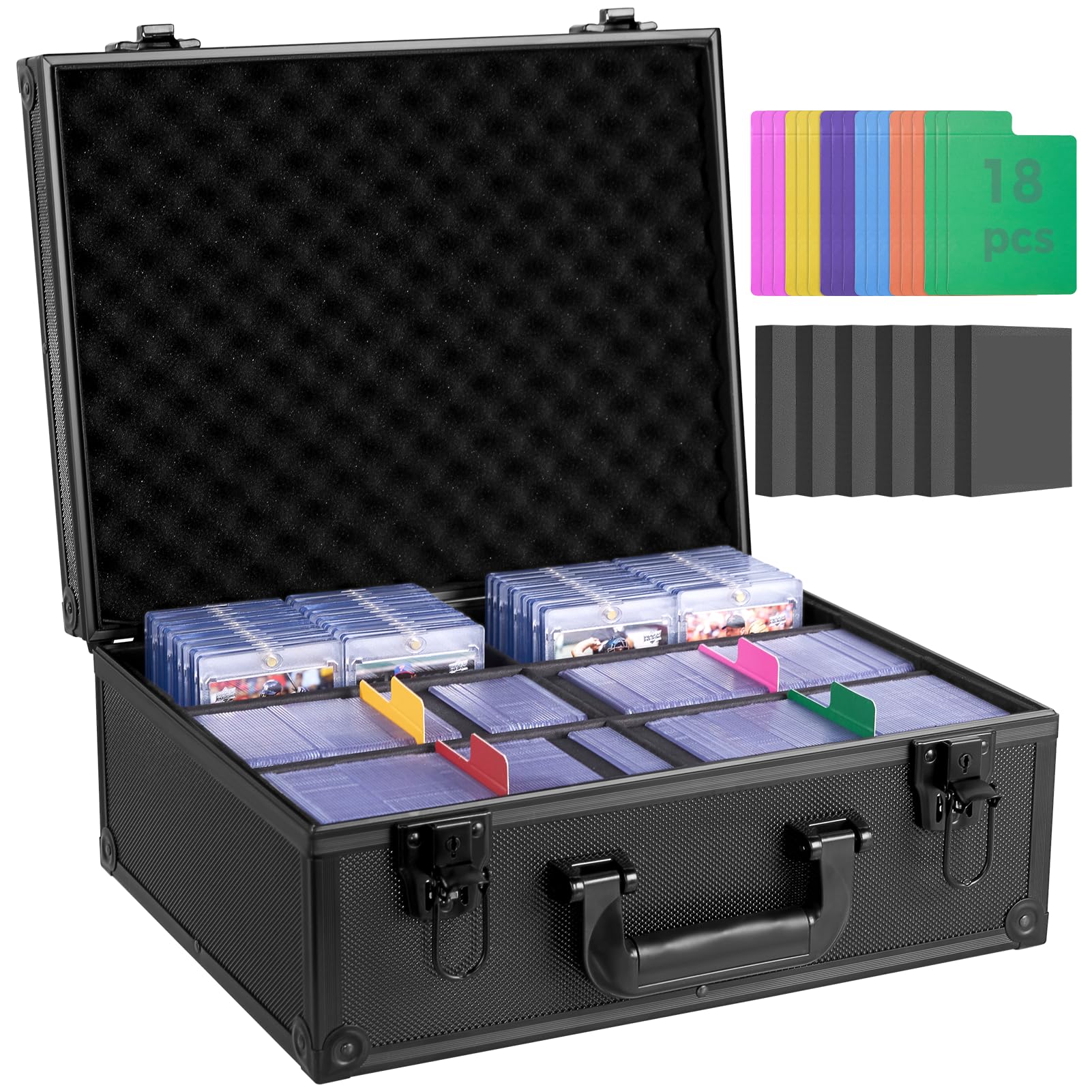 OEODAJ Top Loader Storage Box, Trading Card Case for Sports Cards, Fits 3" x 4" 35PT Rigid Card Holder with 18 Colorful Dividers and 6 Foam Stoppers, Holds 550+ Top Loaders, Cards Case Holder
