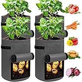JJGoo 4 Pack Potato Grow Bags 10 Gallon with Flap, Heavy Duty Fabric with Handle and Harvest Window, Non-Woven Planter Pot Plant Garden Bags to Grow Vegetables Tomato, Dark Grey