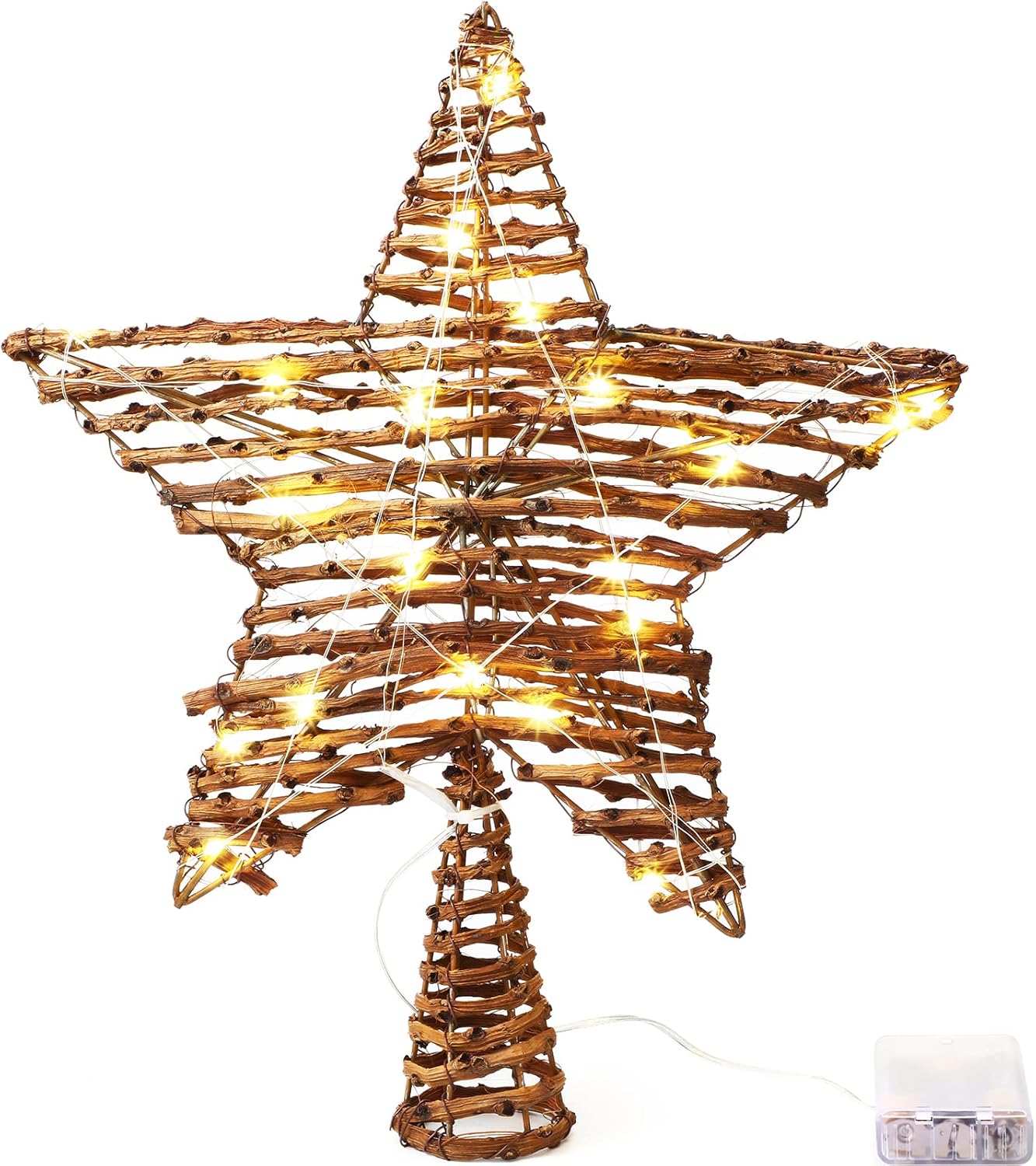 Tree Toppers - Christmas Rattan Star Treetop,14 Inch Rattan Natural Burlap Star Tree Topper with 20 Warm Lights Rustic Boho Treetop Decoration Xmas Star Treetop for Christmas Tree Ornament Holiday Party Indoor Home