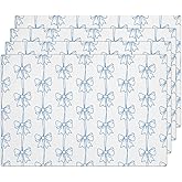 Blue Bow Placemats Set of 4, Washable Heat Resistant Placemats Kitchen Table Mats,12x18 Inch Place Mats for Home Restaurant Farmhouse, Indoor Outdoor Party Table Decoration -A08