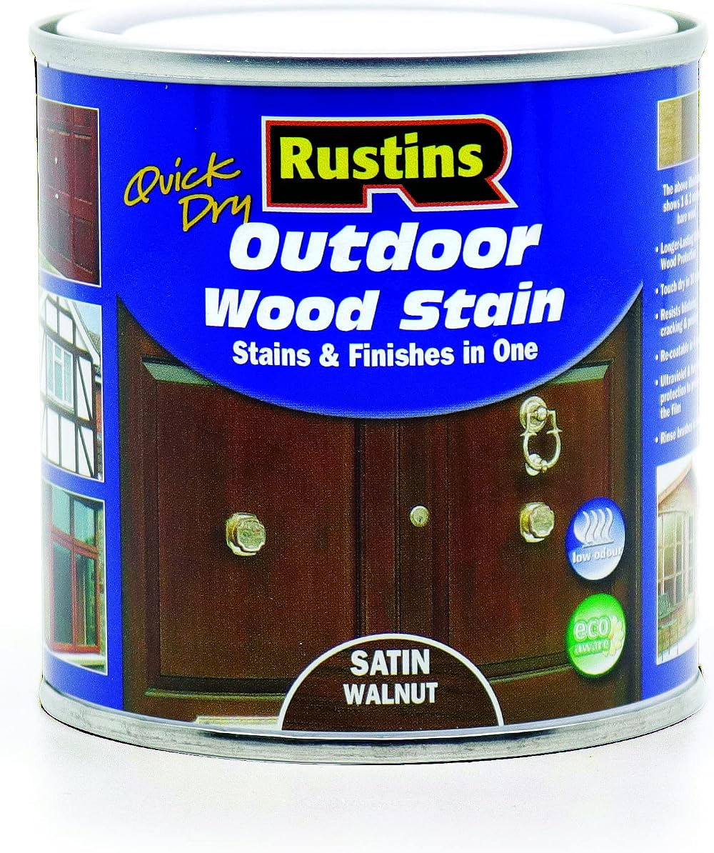 Rustins Quick Dry Outdoor Wood Stain Satin Walnut 250ml Durable Finish
