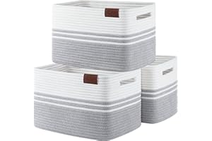 SIXDOVE Storage Basket, Woven Basket for Toys and Towels, Soft Cotton Rope Rectangle Woven Basket for Storage, Pack of 3, Grey and White, 15''L x 10''W x 9''H