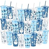 Chuangdi 24 Pcs 24 oz Snowflake Snowman Christmas Plastic Cups with Lids and Straws, Blue White Reusable Coffee Cups for Hot Chocolate Cold Beverage, Winter Xmas Holiday Frozen Party Office Supplies
