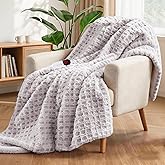 PTQ Waffle Electric Heated Throw Blanket 50"x60"– 6 Heat Levels & 4 Timer Settings, Ultra-Soft Faux Fur & Sherpa, ETL Certified, Overheat Protection, Machine Washable, Ideal Gift, Grey