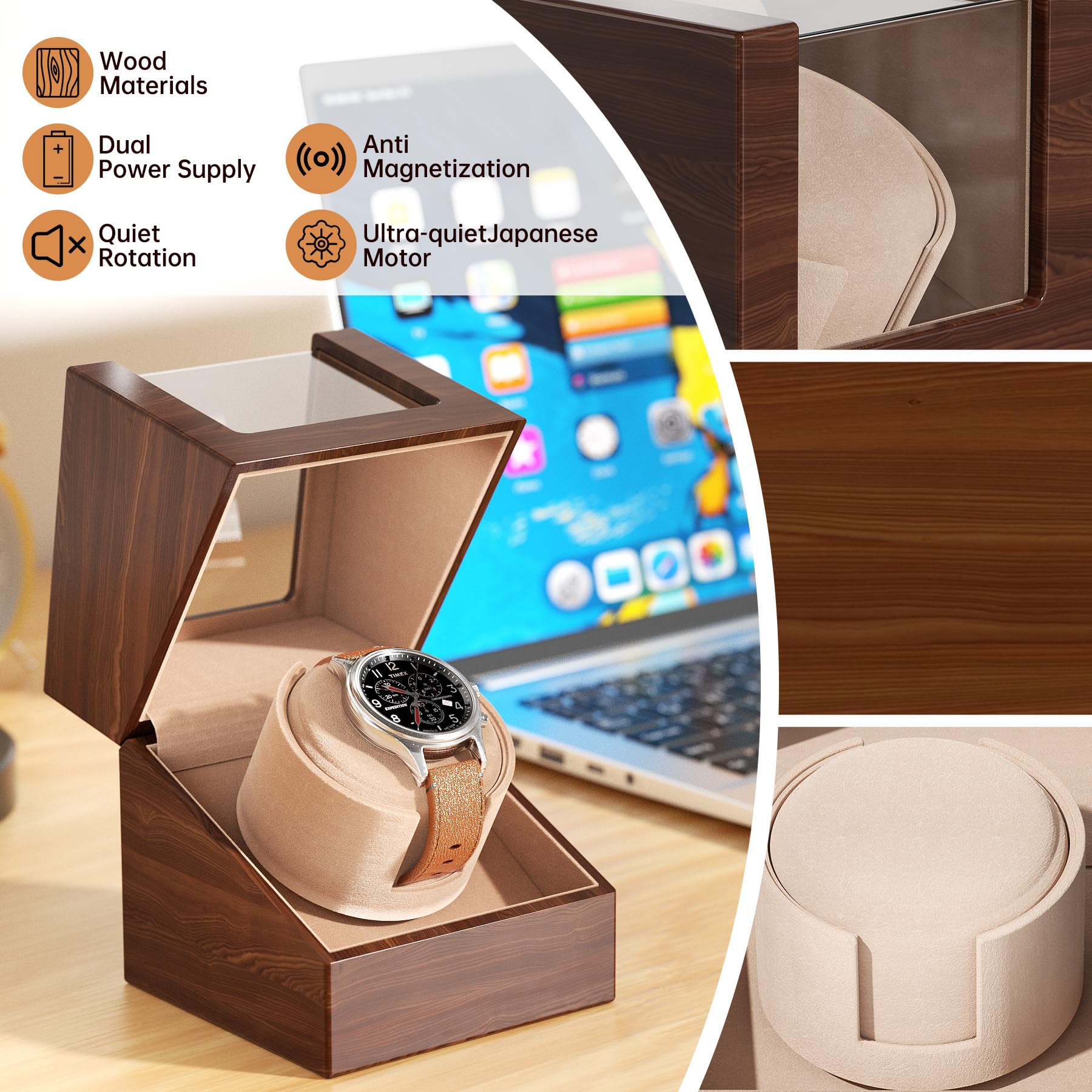 Racokky Automatic Single Watch Winder Box for Rolex and Other Watches, Ultra Quiet Japanese Motor, Self Winding Rotating Wooden Watch Case, Battery or AC Powered, Premium Watch Box for Men and Women