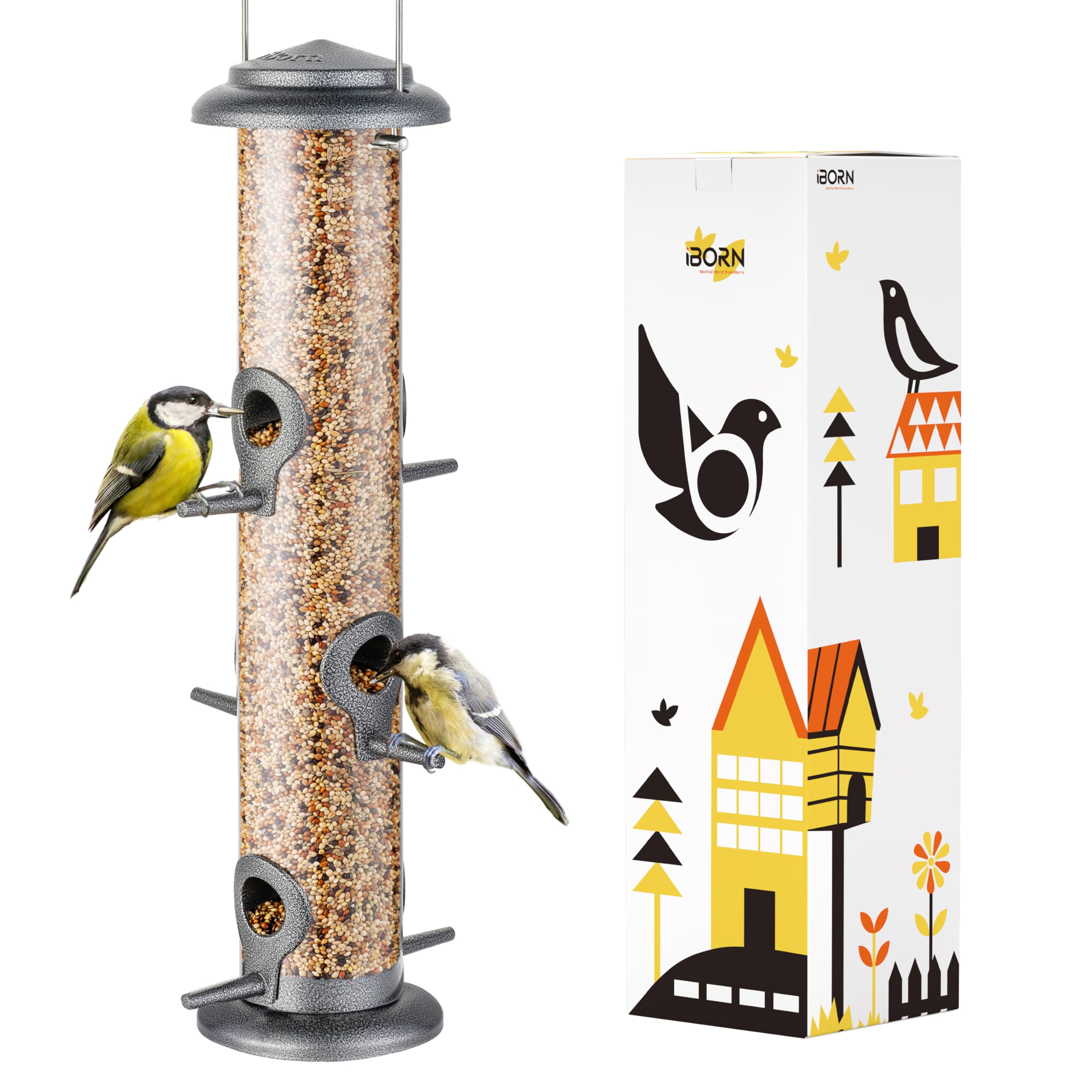 iBorn Metal Bird Feeders Silver Wild Bird Feeder for Outdoors Hanging All Metal Silver Finishing 15 Inch 6 Port(Seed is not Included)