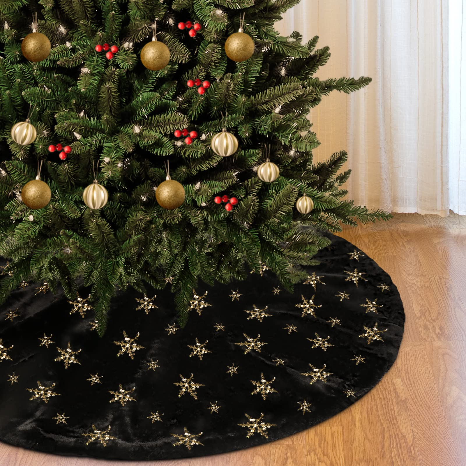 DecroXmas Christmas Tree Skirt 48 Inches Black Faux Fur With Gold Glitter Snowflake Xmas Tree Mat Base for New Year Party Decoration