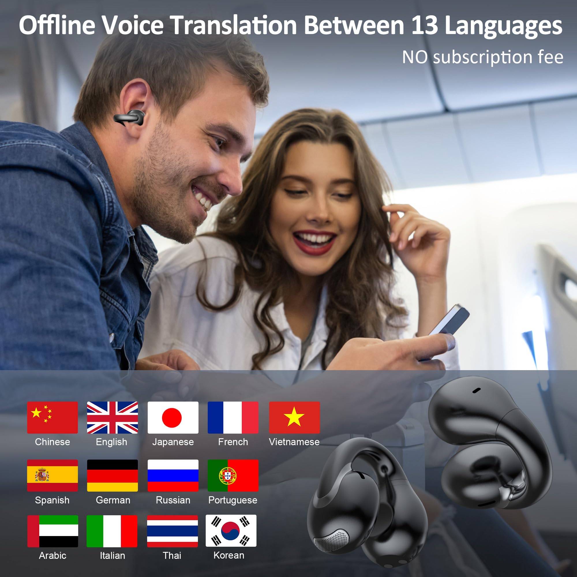 AI Language Translation Earbuds Real Time, IAMJOY Language Translator Earbuds Open Ear Clip-On Design, 163 Language & Accents Two-Way Translator Device with APP for Travel Learning Business, Black