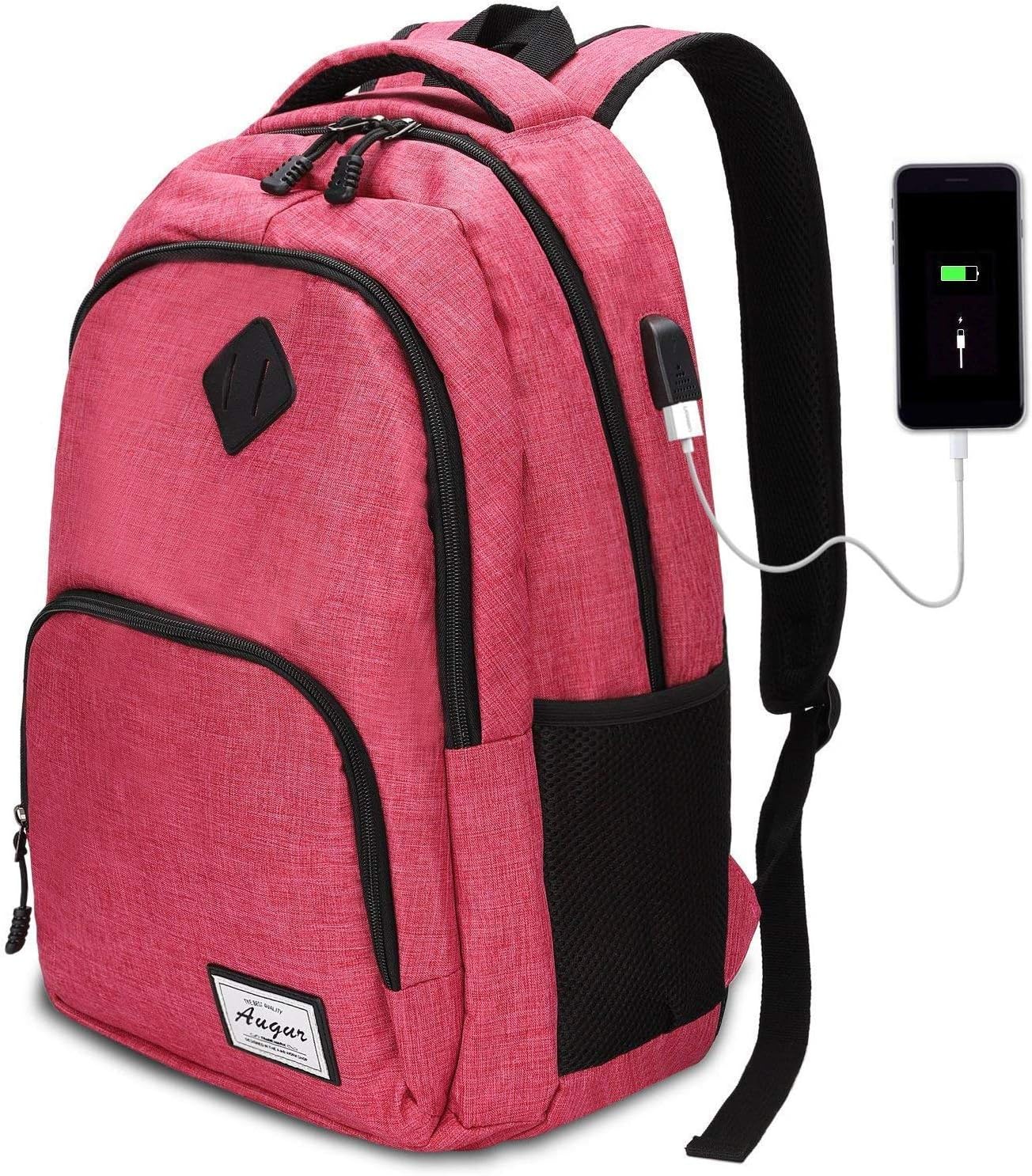 School Bag, Travel Laptop Backpack, Business Casual Daypack with USB Charging Port, Large College/High School Bags, Water Resistant Computer Rucksack Fits 13-15.6 inch Laptop and Notebook, Pink