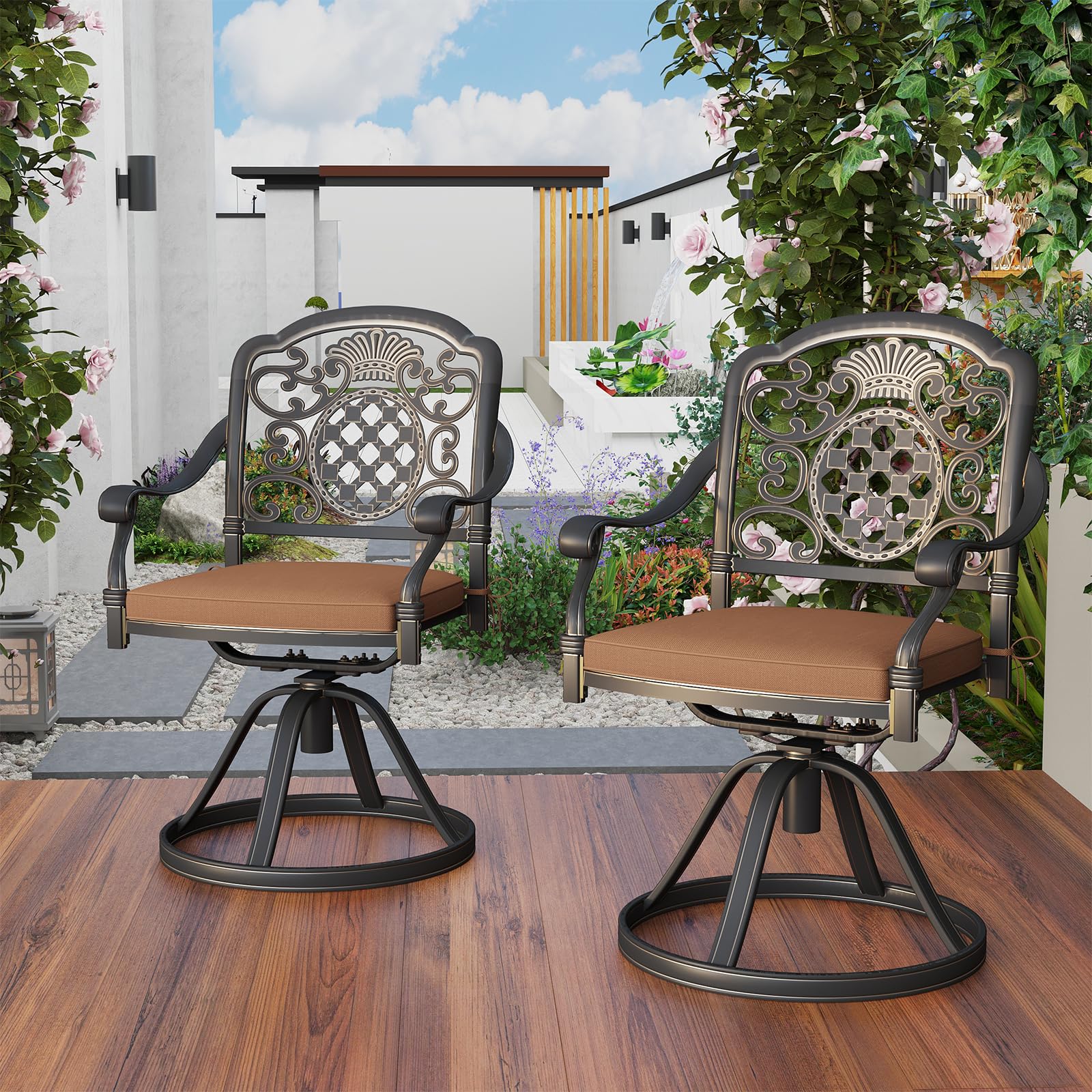 Photo 1 of 2 Piece Patio Dining Swivel Chairs with Cushions, Outdoor All-Weather Cast Aluminum Chairs, Patio Bistro Dining Chair Set of 2 for Garden Deck Backyard, Dark Bronze