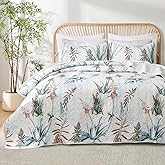 HORIMOTE HOME Botanical Quilt Set Queen Size 3 Pieces, Green Blue Maguey Floral Printed Reversible Bedspreads Bed Coverlet, Soft and Lightweight Tropical Plants Bedding Sets for All Season