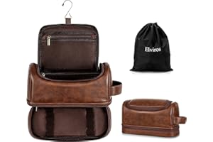 Elviros Toiletry Bag for Mens PU Leather Travel Organizer Kit with Hanging hook, Large Water-resistant Toiletries Bathroom Shaving Bag, Gift For Men (Dark Brown)
