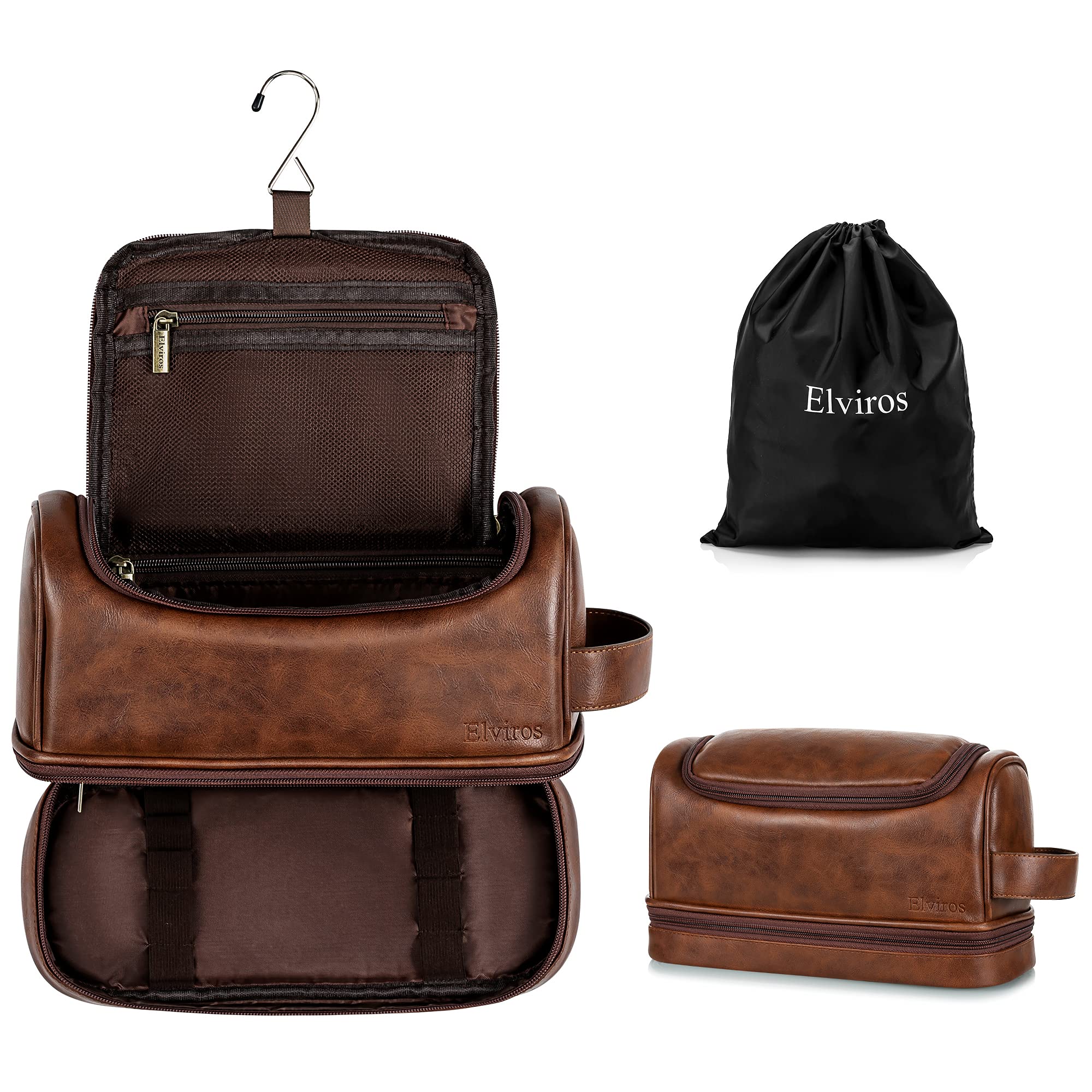 Elviros Toiletry Bag for Mens PU Leather Travel Organizer Kit with Hanging hook, Large Water-resistant Toiletries Bathroom Shaving Bag, Gift For Men (Dark Brown)