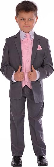 Garcons Costume 6pc Gris Moyen Gilet Rose Costume De Bal Costume Garçon Dhonneur Costume De Mariage 0 3 M à 14 15 Ans