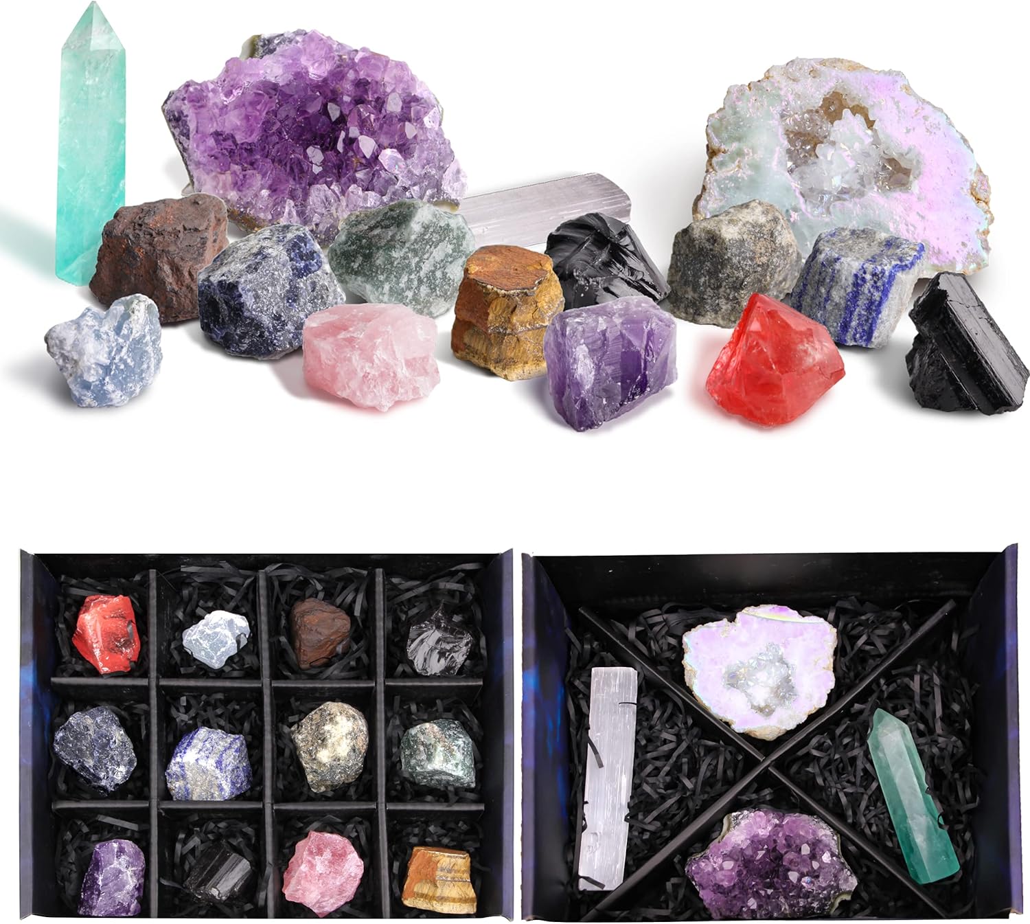 Indoor Fountains & Accessories - Aquadawn Healing Crystals, 16 Piece Set Large Raw Chakra Stones with Amethyst Cluster, Angel Aura Quartz Geode, Fluorite, Selenite Charging Plate, Crystals and Healing Stones Bulk, Witchcraft Kit