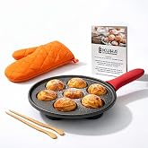 KUHA Cast Iron Aebleskiver Pan, Appam Paniyaram Pan, Pre-Seasoned 7.9 In | Also for Takoyaki, Poffertjes, Banh Khot, silicone handle, skewers, oven mitt included, oven safe 428F, induction ready
