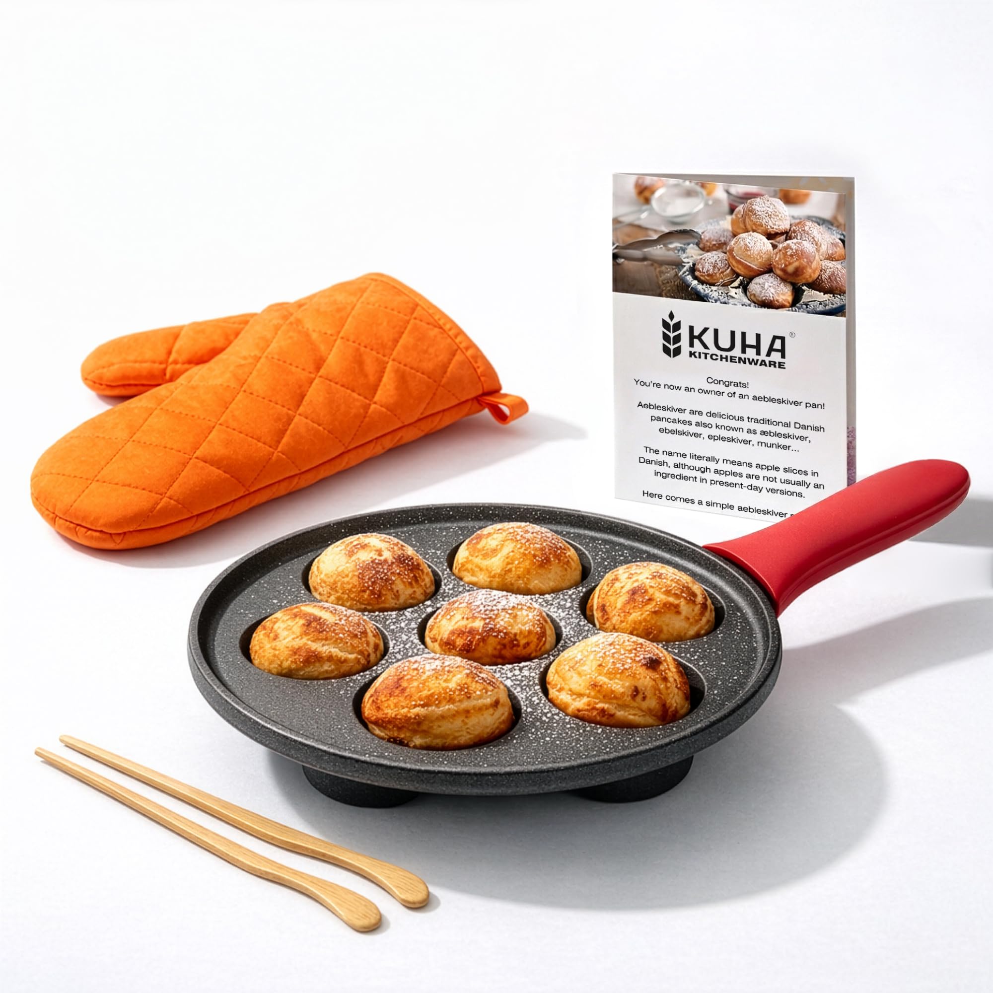 Photo 1 of **Rusting** KUHA Cast Iron Aebleskiver Pan | Pre-Seasoned Pan for Authentic Danish Pancake Making, Poffertjes, Takoyaki, Appam & Paniyaram | Silicone Handle, Oven Mitt & Bamboo Skewers Included | 7.9" Diameter