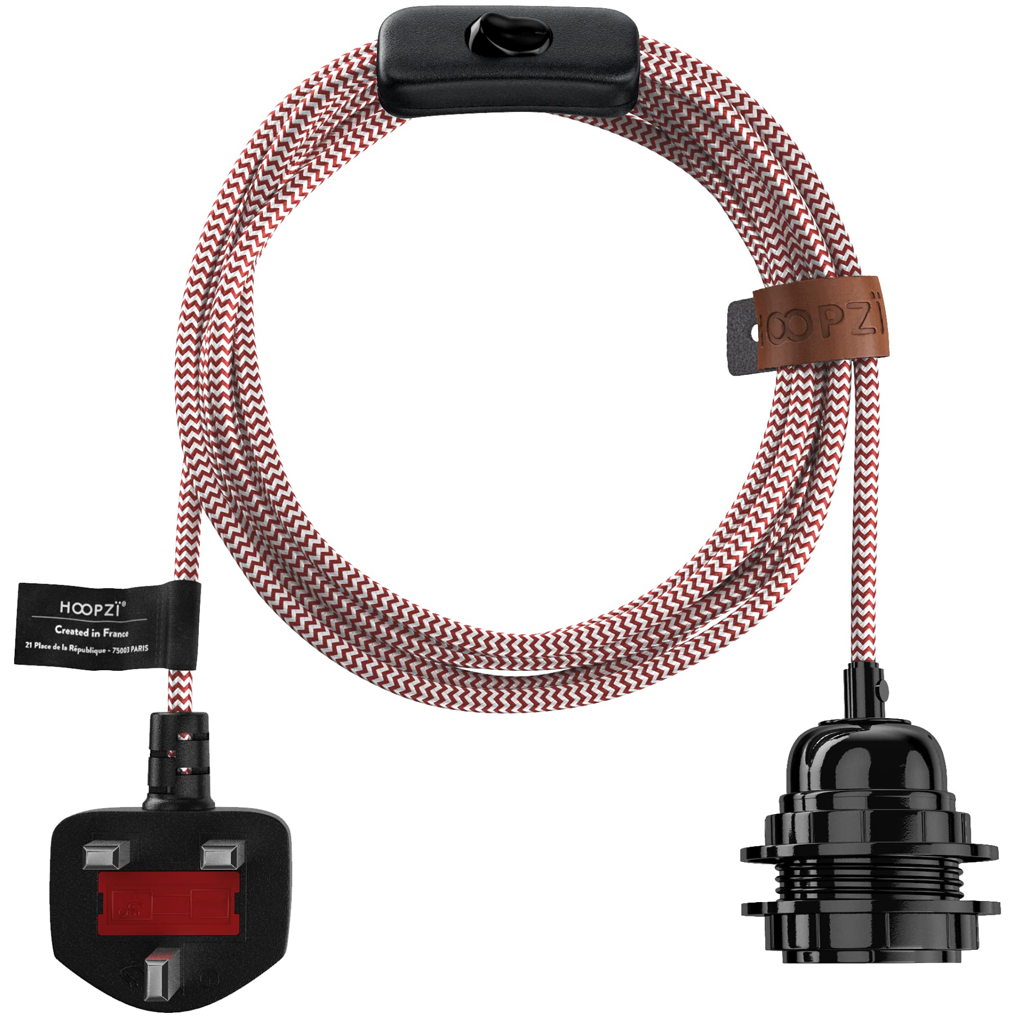 Hoopzi - Plug in Pendant Light to Light Up Your Home - 4.5M Fabric Electrical Cable - E27 Bulb Holder with Switch - Create Your Own Pendant Light, Portable Lamp, Hanging Lamp - BalaZigzag White Red