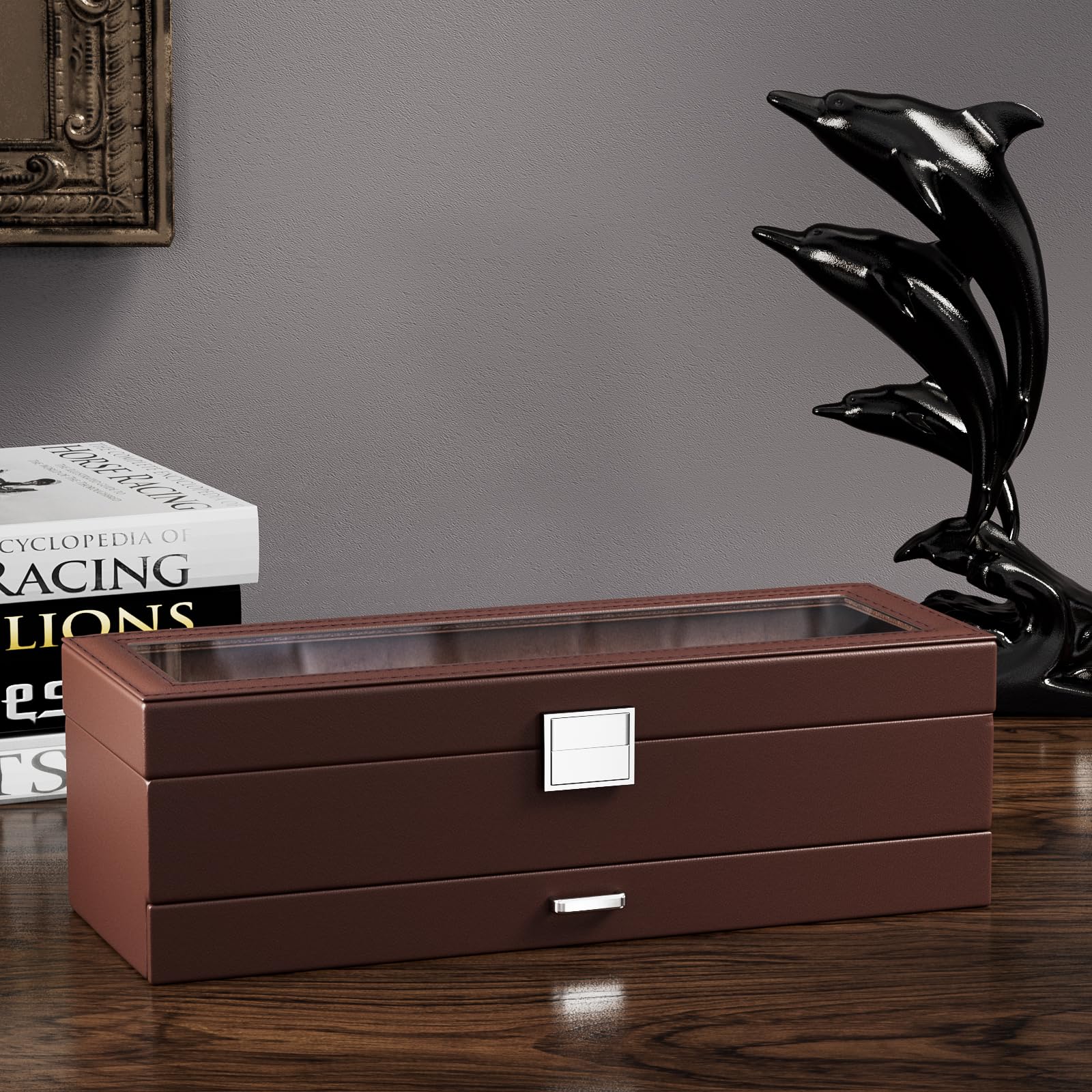 Lolalet Watch Case for Men, 6 Slot Watch Display Case with Clear Glass Lid, 2-Layer Mens Watch Box Watch Holder, 6 Watch Box Organizer, Watch Storage Case With Drawer -Espresso