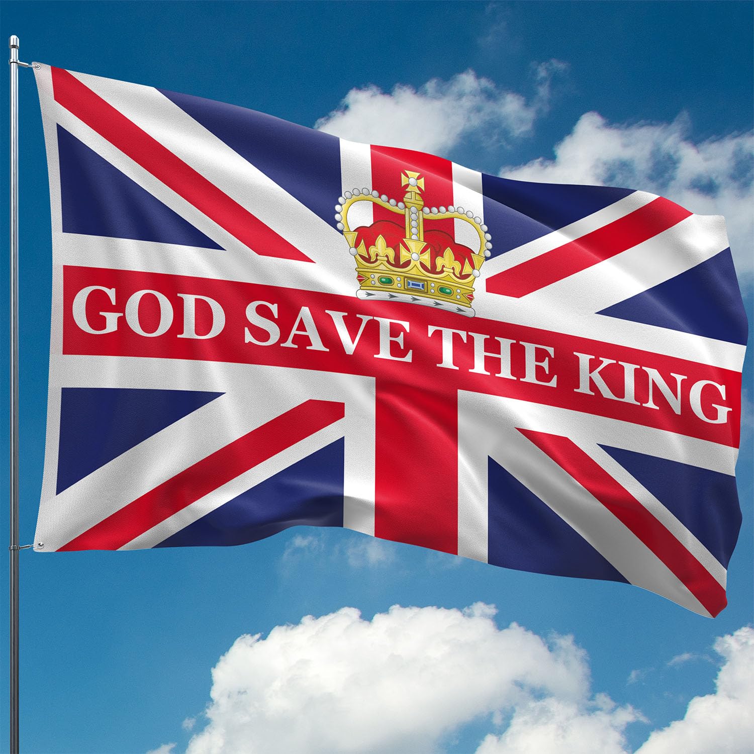 Union Jack Flag - British Flag with Royal Coat of Arms - God Save The King - 110Den Thick Polyester - Double-Sided Digital Print - Double Seam - 2 Brass Eyelets, Large 5ft x 3ft