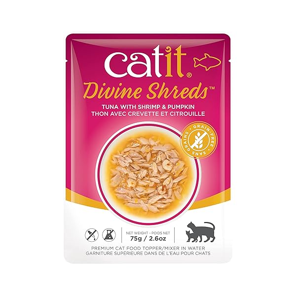 CATIT DIVINE SHREDS PREMIUM CAT FOOD TOPPER, TUNA WITH SHRIMP & PUMPKIN