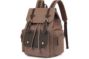 Koolehaoda Vintage Canvas Backpack Fits 15.6 Inch Laptop Leather trim Rucksack Knapsack Unisex Casual Backpack for Hiking Tra