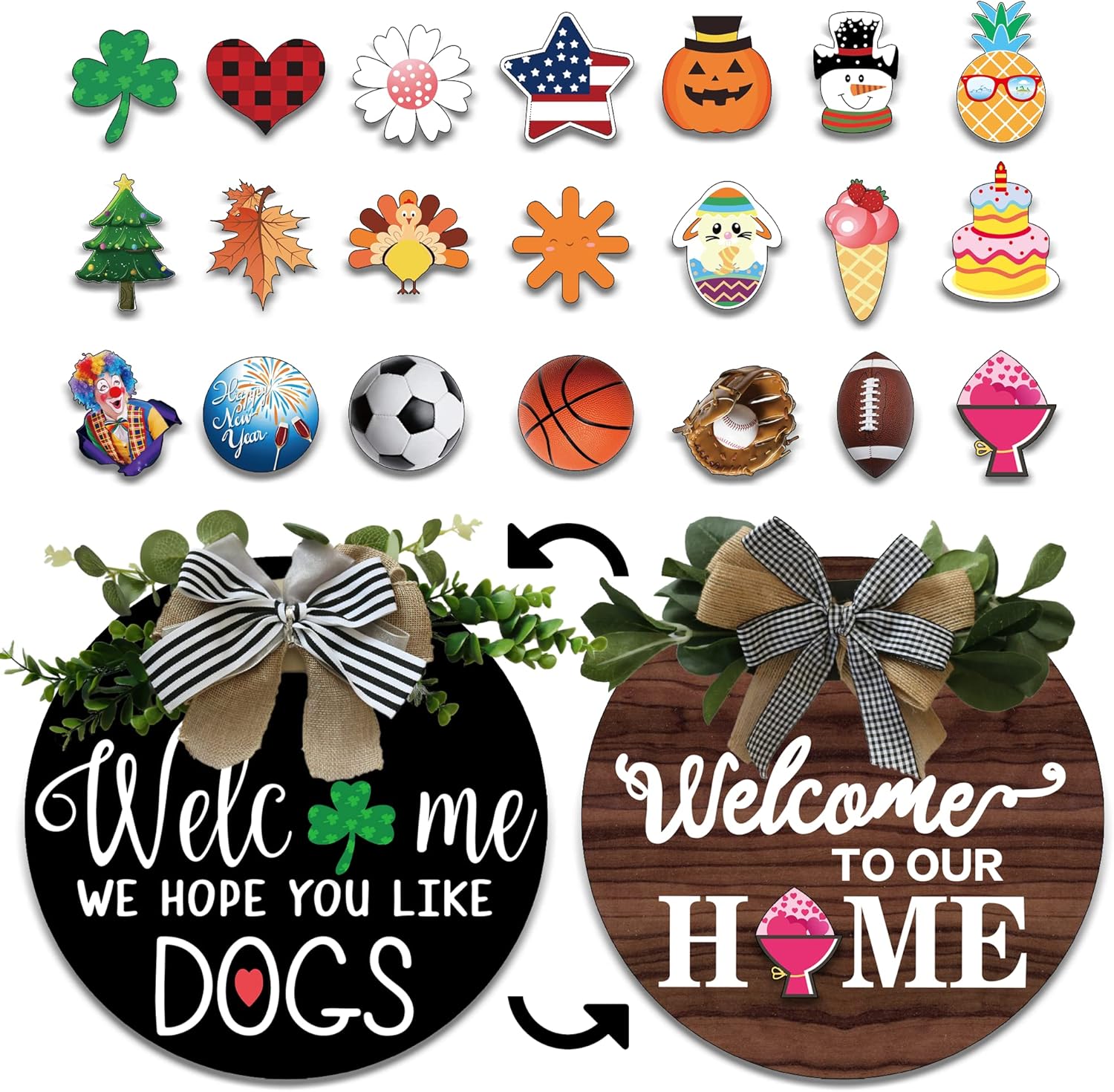 Yard Signs - Welcome Sign for Front Door Decor,Welcome Sign with Different Designs on Both Sides for Fall Decor and Farmhouse Decor with 21 Interchangeable Seasonal Holiday Icons,Suitable for Celebrations of Various Holidays in all Seasons,Fun DIY Wood Door Decor for Housewarming Gift