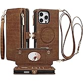 Stylivolve Crossbody Wallet Case for iPhone 16 Pro Max with Mirror, Wrist Strap, Zipper Purse Magnetic Flip RFID Blocking Card Holder, Wireless Charging, PU Leather Shockproof 6.9" Women (Brown)
