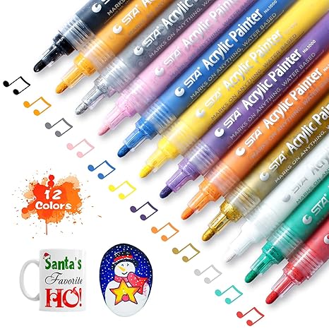 Acrylstifte Marker Stifte 12er Set, Acrylmarker Markierstift Dauerhafte der Markierstifte für Felsmalerei, Becher, Metall, Holz, Stoff, als Weihnachtsgeschenk, DIY Handwerk für Kinder