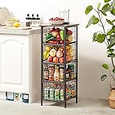 DINGTAI 5-Tier FreeStanding Storage Shelves with 4 Pull-Out Baskets,Bathroom Organizer Shelves Unit with WoodTop,Fruit Basket for Kitchen,Storage Tower Organizer Basket Cart for Bathroom，Black