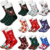 Suhine 9 Pairs Christmas Fuzzy Slipper Socks Winter Sherpa Fluffy Warm Fleece Lined Socks Non Skid Thermal Snowman Santa Socks for Women Home Xmas Gifts
