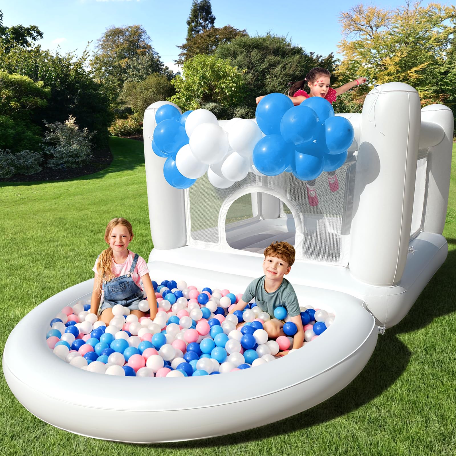 Photo 1 of * TOY ACCESORIES NOT INCLUDED * Bounce House with Ball Pit for Kids Age 3-6 Indoor Inflatable Bouncer Waterproof and Durable Material Outdoor White Bouncy Castle for 3 Toddlers with Electric Pump-Built to Last & Safety 119*59*69inch