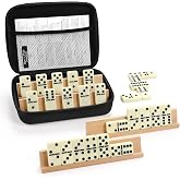 uvcany Dominoes Set Adults with 4 Wooden Racks/Trays Double Six Dominoes Travel Set with Portable Case Double 6 Dominoes Set with 4 Tiles Holders 28 Tiles Dominos Set Family Classic Board Games White