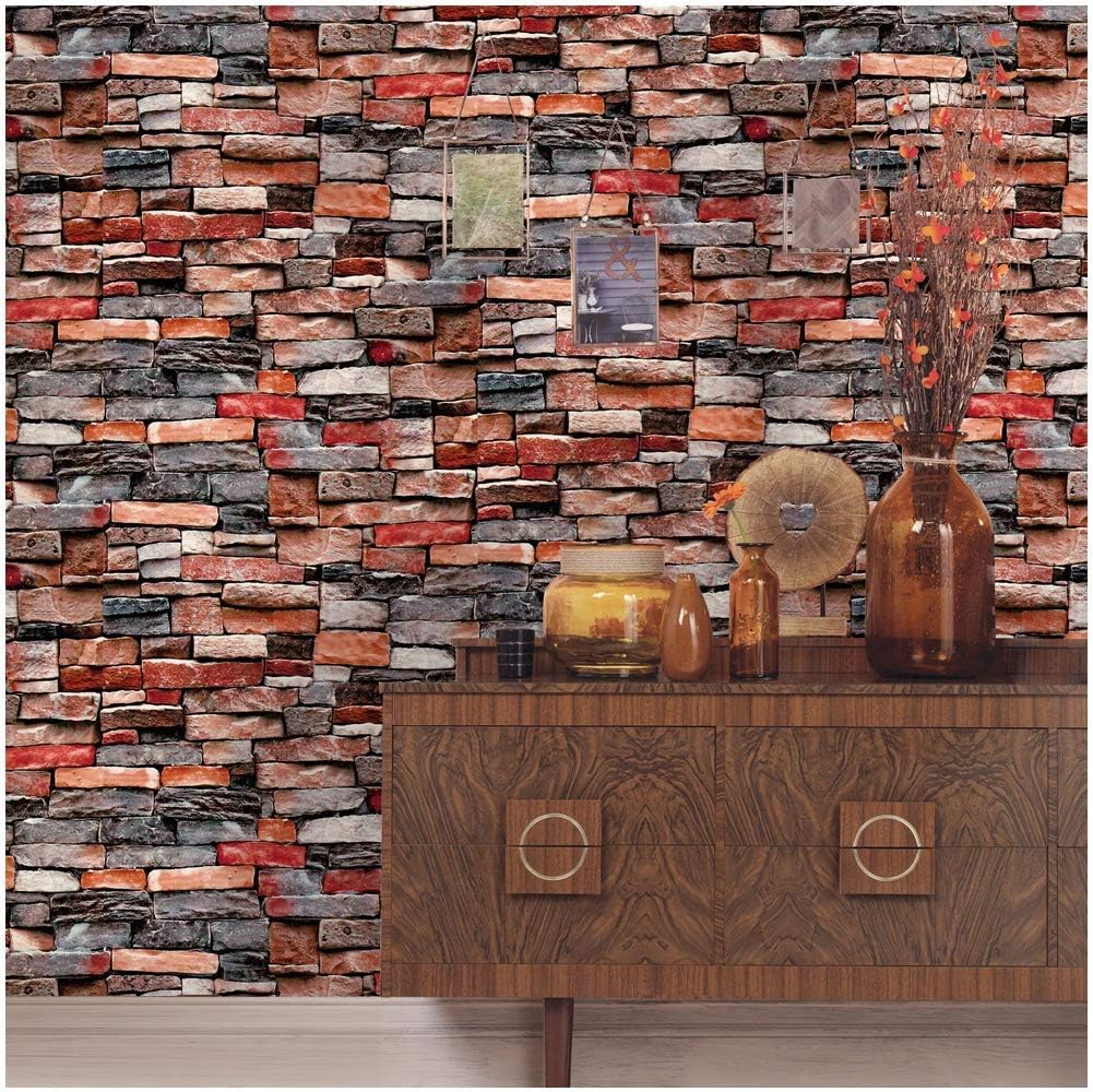 Removable Wallpaper Peel and Stick Self Adhesive Shelf Liner Red Gray Brick Wall Paper Decorative 17.7" x 393"