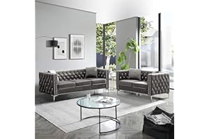 Fulocseny 2 Piece Modern Velvet Upholstered Living Room Sofa Set with 3-Seater Sofa and Loveseat, Jeweled Button Tufted Copper Nails Square Arms, 4 Pillows Included, Grey,5 Seater (Grey + Velvet)
