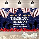 Veterans Day Decorations Backdrop 71x43 Inch – Thank You Veterans Patriotic Banner for Memorial Day & Veterans Day, Large Indoor/Outdoor Photography Background with 19.69ft Ribbon & 4 Brass Grommets