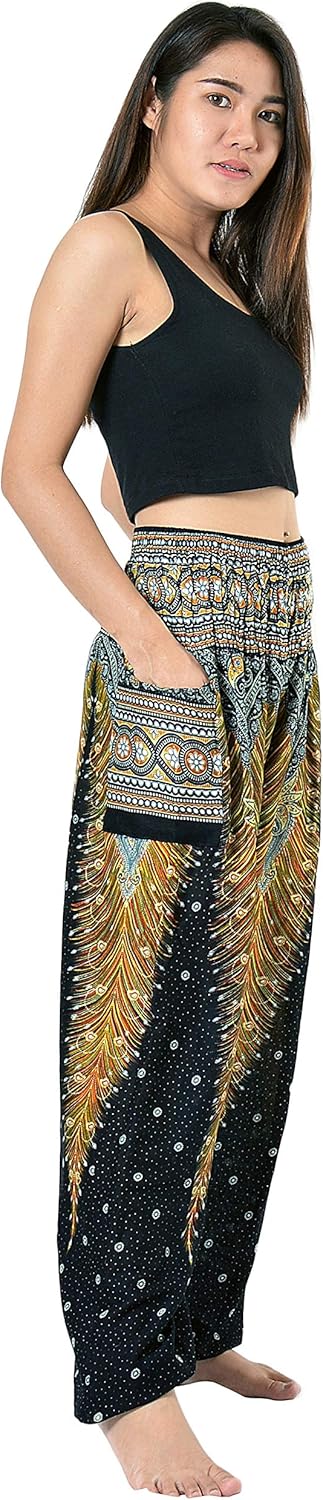 Orient Trail Smocked Waist with Elastic Cuffs Scrunched Bottom Tribal Elephant Harem Pants US Size 0-22