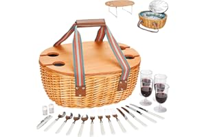 STBoo Picnic Basket for 4 - Wicker Basket Set with Wine Table | Handmade Willow Basket with Insulated Cooler Bag for Outdoor Camping, Great Gifts for Christmas, Wedding, Birthday, Valentine (Blue)