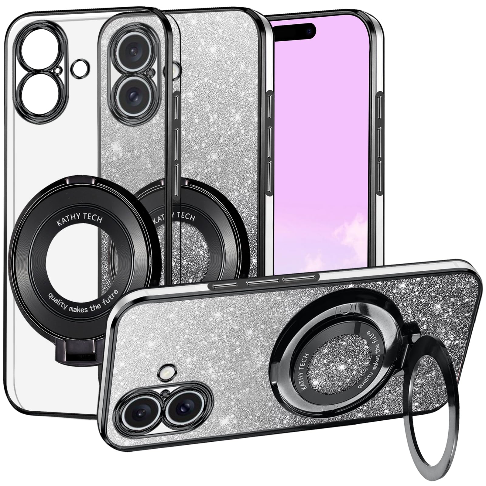 Kainevy for iPhone 16 Plus Case Clear Glitter Compatible with MagSafe with Stand Magnetic Ring Holder Cover iPhone 16 Plus Phone Case Silicone Shockproof Slim Cute Sparkle (Black)