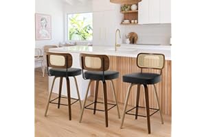 Bekrvio Swivel Counter Height Bar Stools Set of 3, Upholstered Faux Leather Barstools with Rattan Back, 26" Seat Height Bar Chairs for Kitchen Island, Bentwood Wood Frame, Black