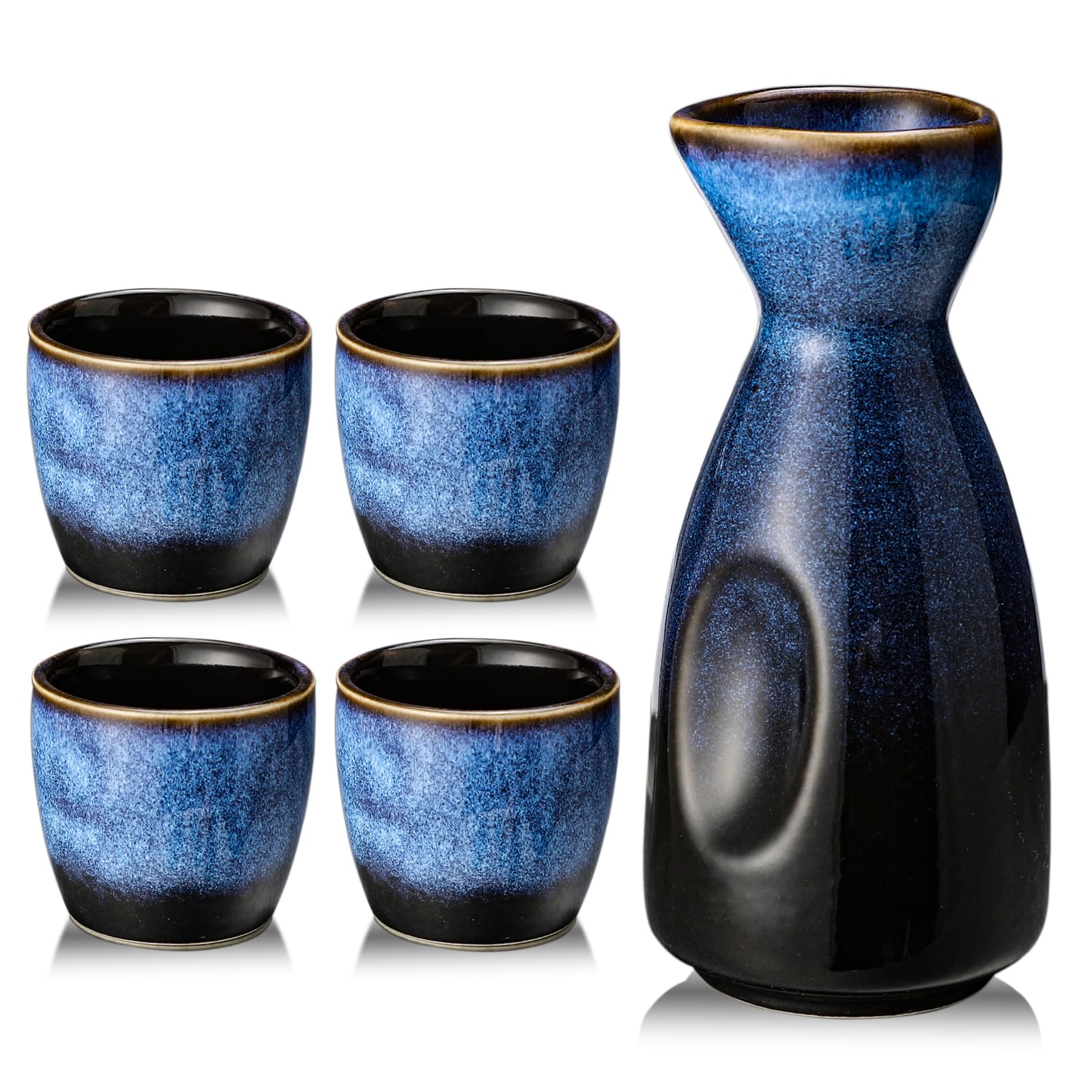 Sake Set with Mug and Wine Pot - Porcelain Set for Warmer - 1 Sake Pot 4 Sake Cups (A2)