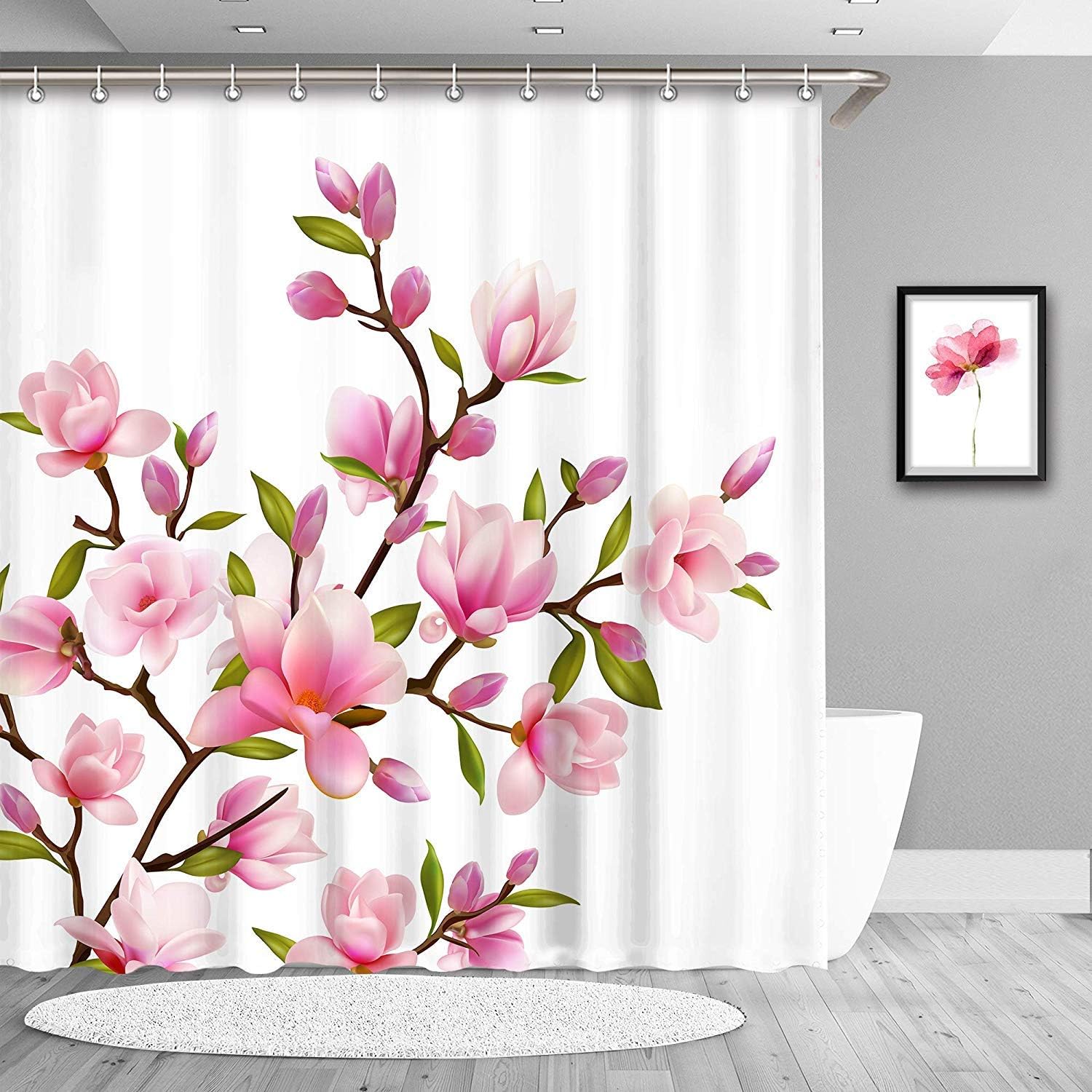 LIVILAN Pink Floral Shower Curtain for Bathroom Flower Shower Curtain Pink Shower Curtain Flowered Pink and White Bright Pretty Floral Bathroom Decor, 72" W X 72" H