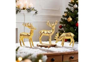 Lulu Home 3 PCS Christmas Tabletop Decorations, Resin Golden Reindeer Family Figurines with Diverse Postures, Xmas Holiday Winter Centerpieces Ornaments for Mantel Shelf Sill Decor(Peer)