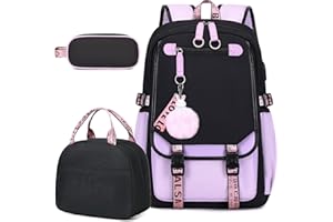 Bevalsa Backpack with Lunch Bag Bookbag Set for Girls Kids Middle High School College Student 21L Casual Daypack Children Schoolbag Bookbag with USB Charging Port (Purple)