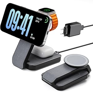 Eazpower 3 In 1 Magsafe Ladestation für Apple Watch und iPhone Faltbar, iPhone Ladestation Magsafe Ladegerät Charging Station für Phone 17 16 15 14 13 12 Pro Max - Schwarz