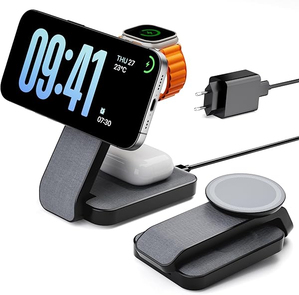 Eazpower 3 In 1 Magsafe Ladestation für Apple Watch und iPhone Faltbar, iPhone Ladestation Magsafe Ladegerät Charging Station für Phone 17 16 15 14 13 12 Pro Max - Schwarz