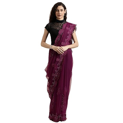 Womanista Womens net with Blouse Piece 7510 Sarees (TI1094_ Purple_ One Size)