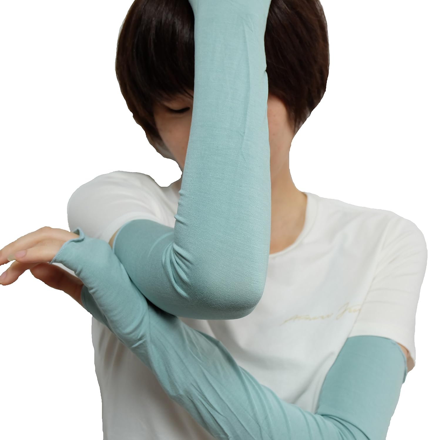 Women's Stretchy long solid sun block driving arm sleeve (Turquoise) at