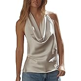 Piacakece Women Elegant Satin Halter Top Mock Neck Backless Tank Tops Solid Color Self-Tie Satin Vest